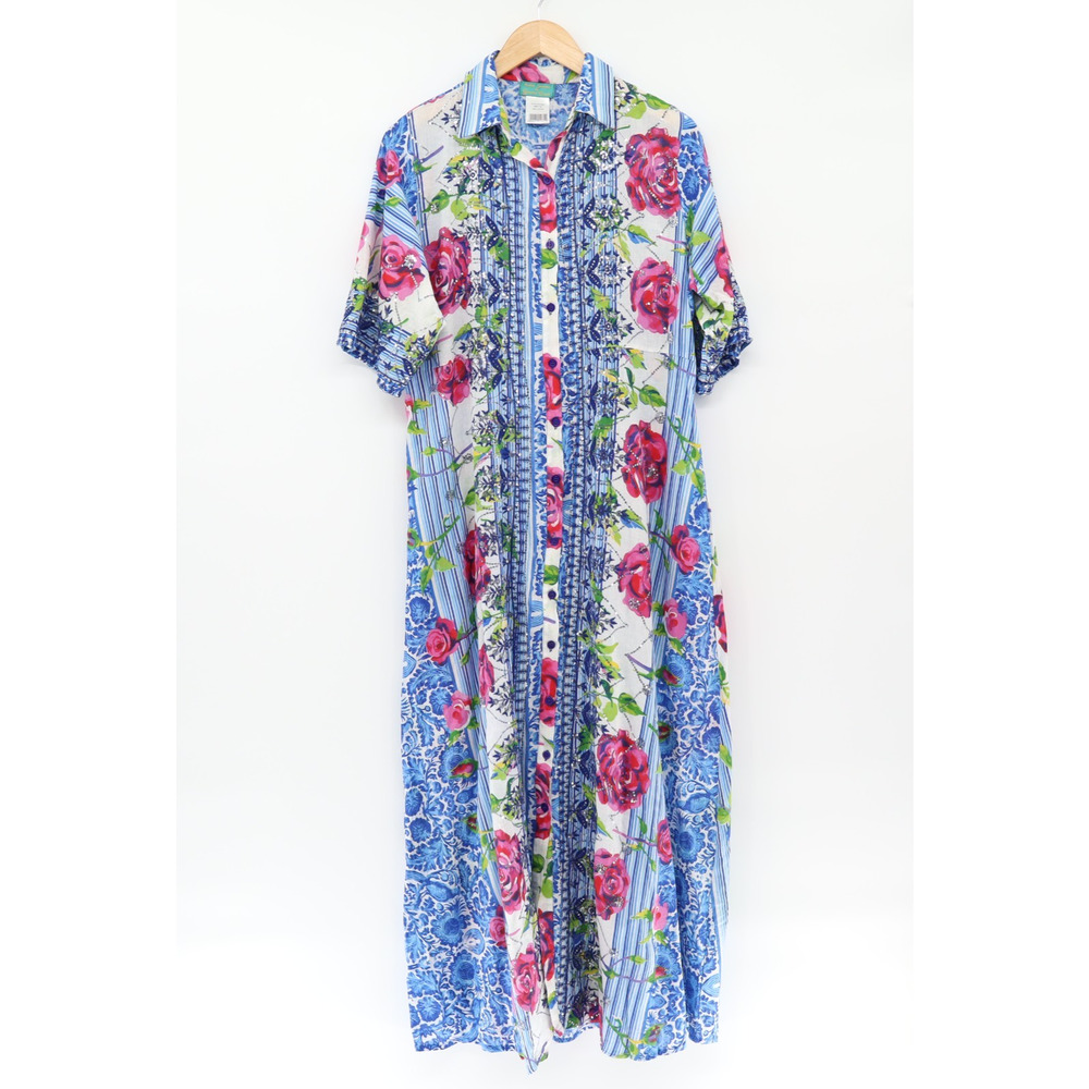 Blue Floral Maxi Shirt Dress with Pink Roses